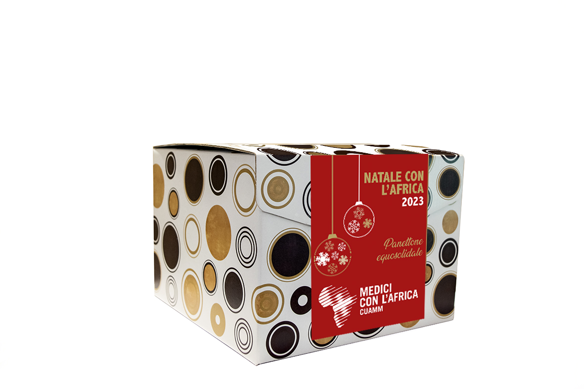 rendering panettone CUAMM etichetta rossa 2023